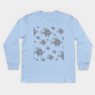 School of Grey Zeus Faber Linocut Fish Kids Long Sleeve T-Shirt